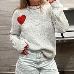 Grey knit sweater with red knit heart on left side size M/L