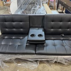 Mainstays Memory Foam Futon with Cupholder and USB, Black Faux Leather