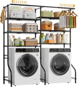 Expandable Over Washer and Dryer Shelves, 6 Tiers Laundry Room Organization and Storage with 2 Hanger Rods, 4 Hooks, Adjustable Height Metal Freestand