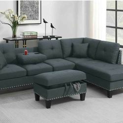 3pcs Sectional Sofa w/storage ottoman & cupholder