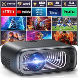 Projector with WiFi 6 and Bluetooth Dual-way, 650ANSI Native 1080P 4K Support Outdoor Movie Projector Max 300'' Display, for iOS/Android/TV Stick/HDMI