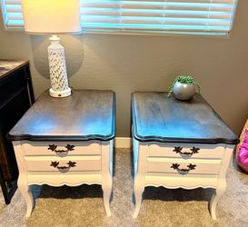 Vintage Solid Wood Nightstands – White + Natural Wood Tops – Set of 2