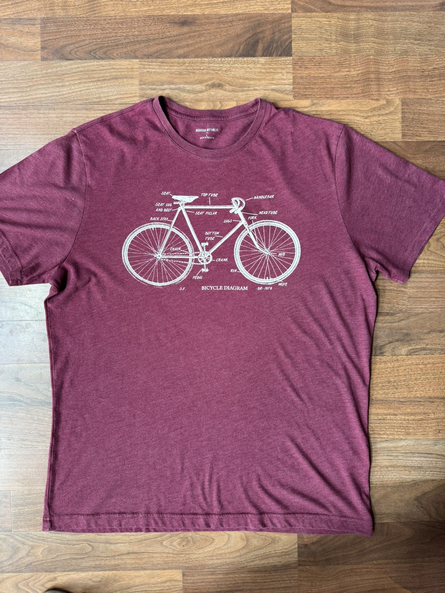 Men's Banana Republic Bicycle Diagram Parts Burgundy Graphic T Shirt Size LRG
