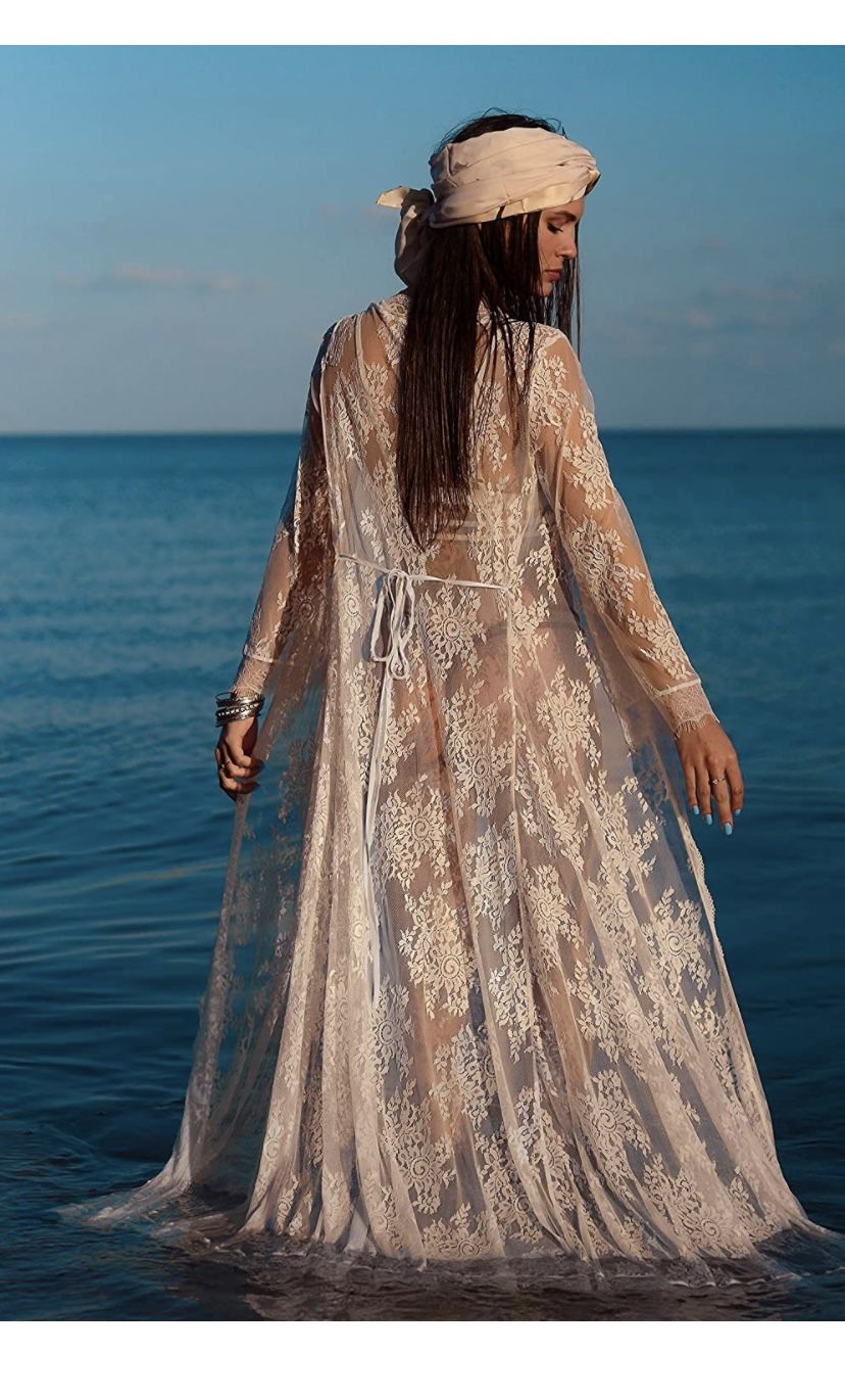 Women's Floral Crochet Lace Beach Swimsuit Cover Ups Long Vintage Kimono Cardigan lace Cover up Jacket