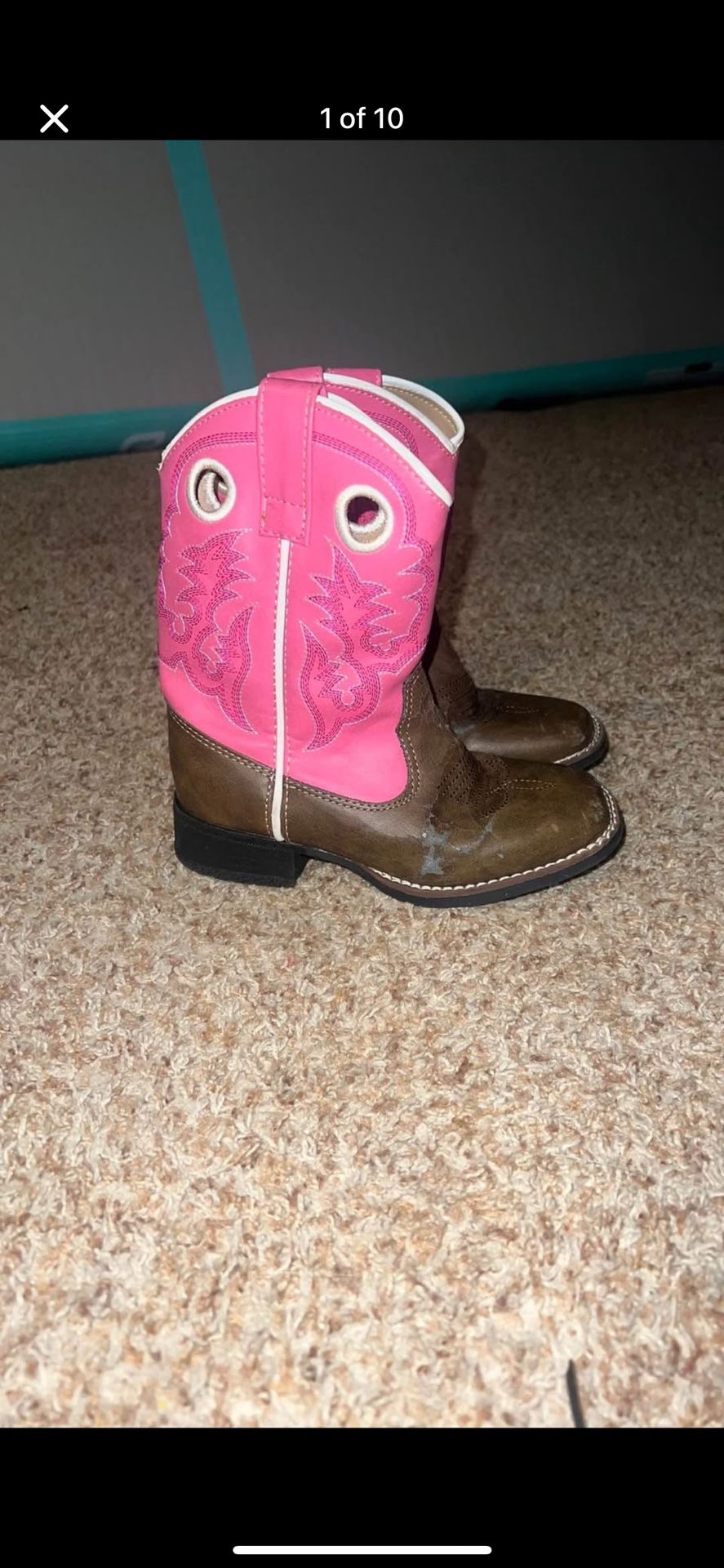 LAREDO toddler Kid's Mahaska Western Boots - Tan/Pink size 12m. Faux Leather is peeling on brown part of boot see pics