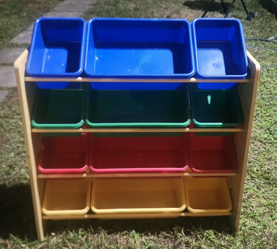 Kids Wooden Toy Storage Organizer with 12 Plastic Bins