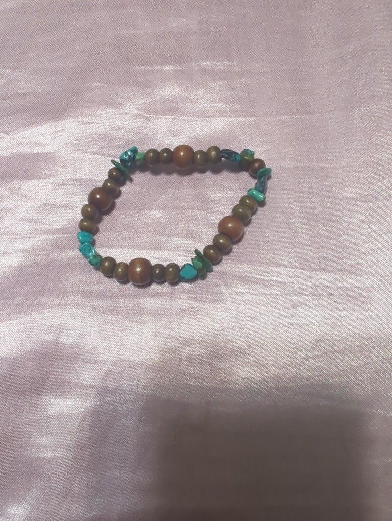 Turquoise And Wood Bead Bracelet 