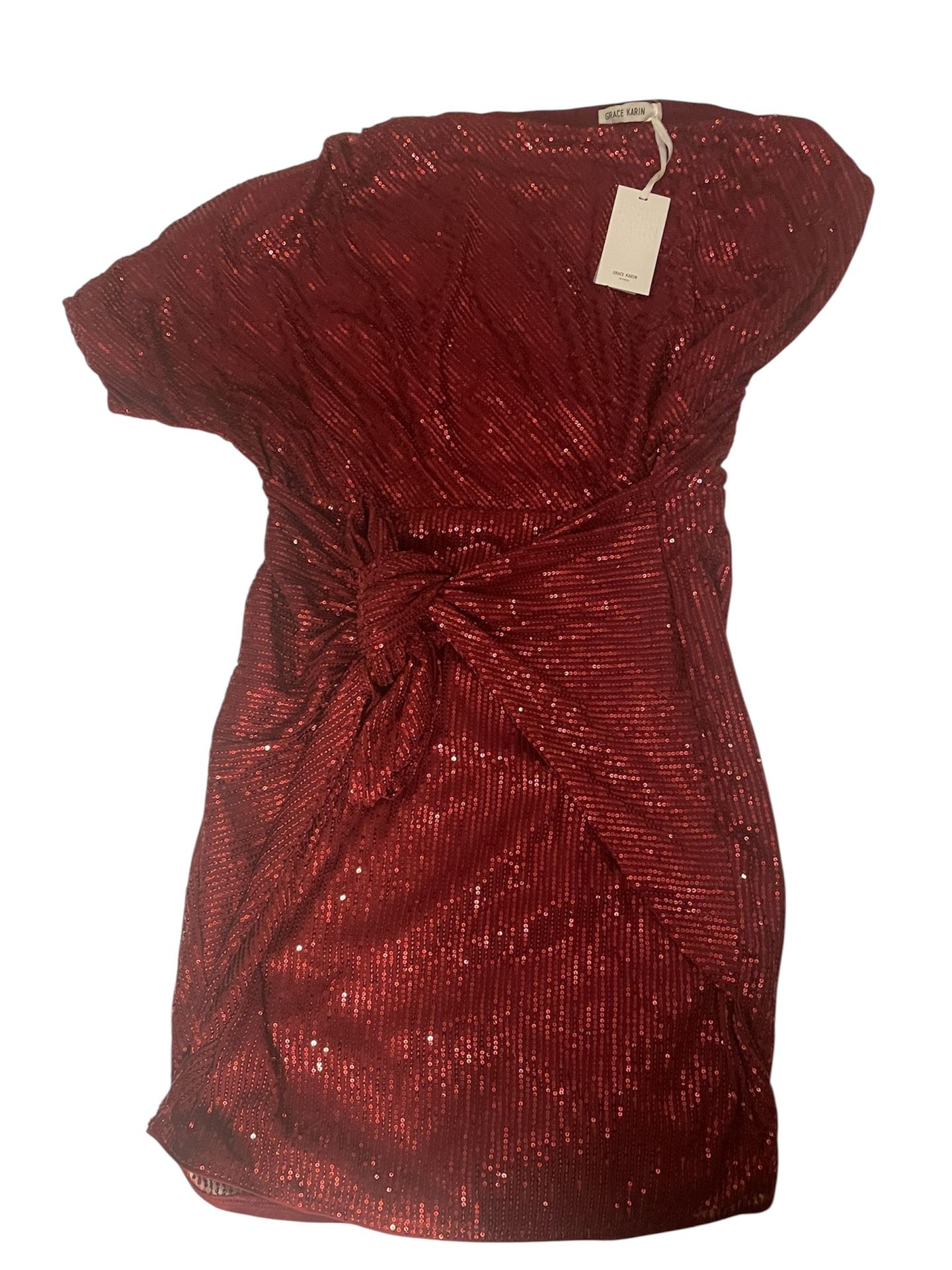 Grace Karin Burgundy Sequin Asymmetric Off Shoulder Bodycon Party Midi -Size M