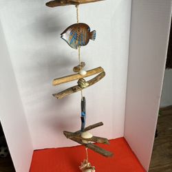 Hawaiian Folk Art Fish Mobile, Carved Fish, Driftwood, Sea Shells
