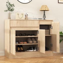 Shoe Cabinet Storage with 3 Doors, Freestanding Shoe Cabinet with Drawer & Adjustable Shelves, Wooden Shoe Organizer for Entryway, Hallway,Natural