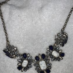 Gold Tone Vintage Bib Necklace with White, Clear and Blue Plastic Resin Stones