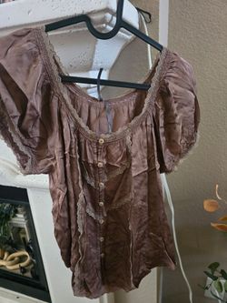 Anthropologie Sz.S Dusty brown Lace Trim Puff Sleeve Blouse