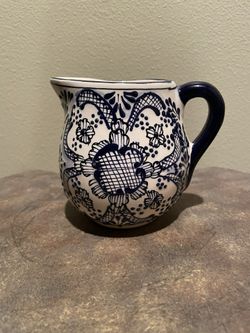 Blue and White Mexican Pottery Small Pitcher