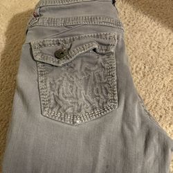 Ninth hall Signal Flared Jeans, Stacked Grey Embroidered Paint Splatter, Size 30.