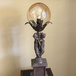 Vintage Three Graces Bronze-Finish Table Lamp with Amber Glass Globe