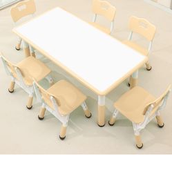 monleelnom Children's Table and Chair Set Suitable for Boys and Girls Age 2-12 Height Adjustable Table top Can be Painted with 6 Seats Suitable for Fa