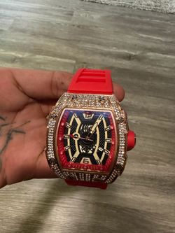 Red Iced Out Gold Watch Skeleton Dial Hip Hop