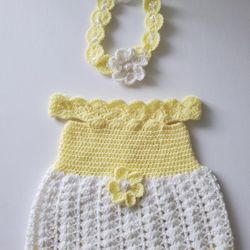 Crochet Baby Dress, Baby Girl Dress and Headband, Knit Dress, 3-6 Month. 