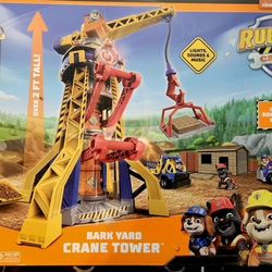 Brand New Rubble & Crew, Bark Yard Crane Tower Playset with Action Figure, Toy Bulldozer & Kinetic Build-It Play Sand, PAW Patrol Kids Toys