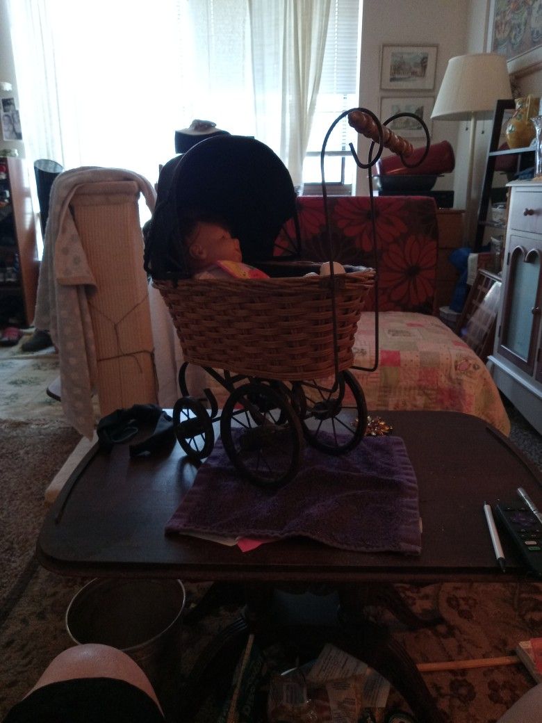 Antique Wicker Baby Doll Carriage With Canvas Canopy And Baby