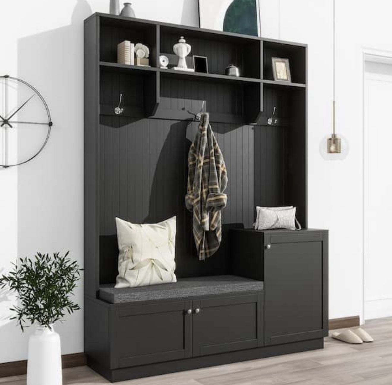 NEW Black Freestanding Hall Tree with Cushioned Storage Bench, 3-Hooks and Shelves