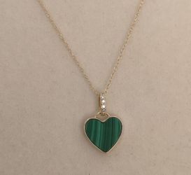 10K Solid Gold x Emerald Green Malachite Heart Pendant Natural Diamond Necklace