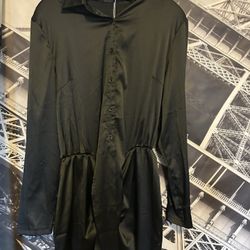 black satin long-sleeved mini shirt dress. 