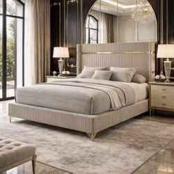 Beige & Gold VELVET BED W/ Tall Headboard 💛💛