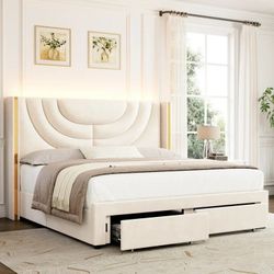 QUEEN Size Velvet Upholstered Wingback Storage Bed, Wall Wash LED Light Headboard