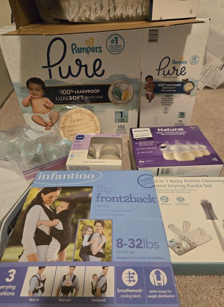 Baby Stuff Bundle Deal Diapers Bottles Bath Carrier
