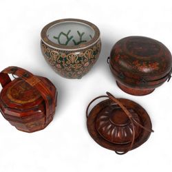 Four Asian Lacquered And Porcelain Articles Including A Jardiniere And Three Covered Boxes 