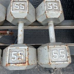 55lb Hex Iron Dumbbell Set Weights 