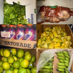 Lot of produce bananas green, jalapeño peppers, limes, potatoes, Free Range Egg