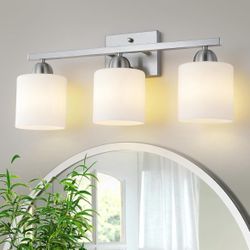 ONLY $35: 20.87” Stainless Steel Milk Glass Vanity Lights 3 Light Brushed Nickel