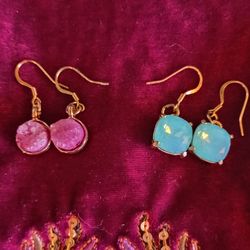 Colorful Pink Natural Stone And Blue Topaz Square Earrings..