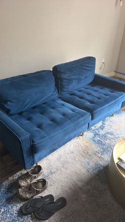 Navy Blue Velvet Tufted Sofa with Gold Legs – Modern Glam Couch