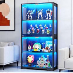 Display Cabinet with Glass Doors, Curio Cabinet with 3 LED Lights and Human Body Sensor, Bookcase with 4 Shelves Storage Cabinets, Black