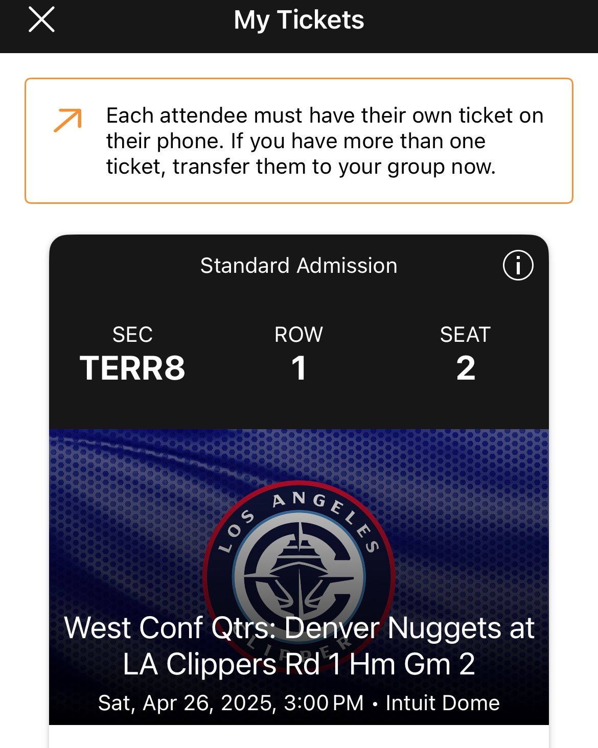 Playoffs Clippers Ticket (1) Game 4 Vs Nuggets!