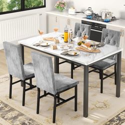 Dining Table Set for 4, Faux Marble Small Kitchen Table Chairs Set of 4 with Luxurious Button Tufted Dinner Chairs for Kitchen and Dining