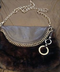 Gray Leather Clutch Bag with Gold Chain Strap