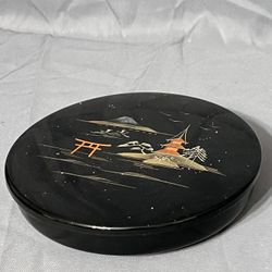 Vintage Japanese Black Lacquer Handpainted Round Bento Divided Box w/Lid Aizu