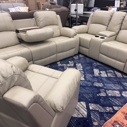 NEW! Beige Bonded Leather Recliner Living Room Set