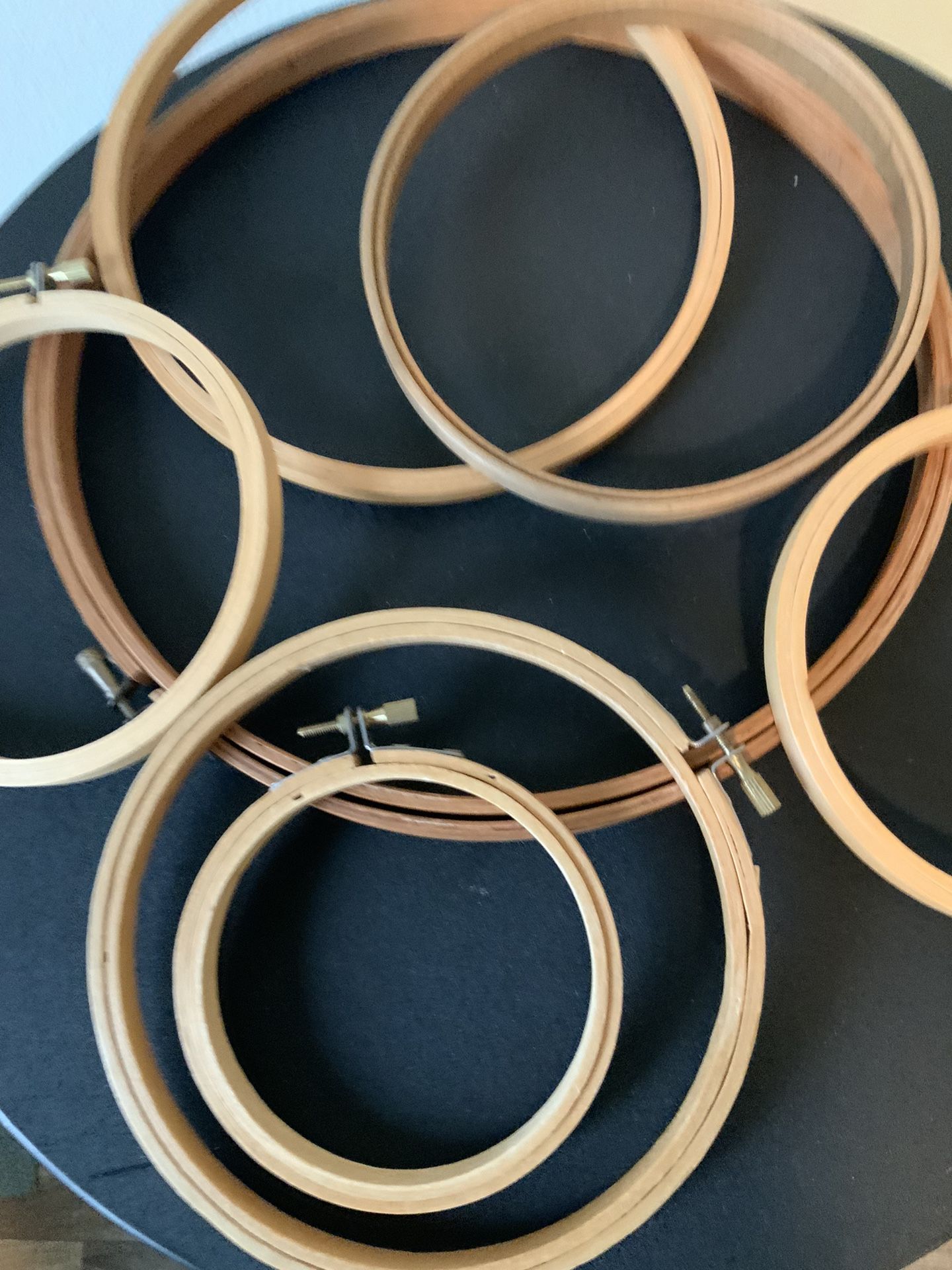 7 Wood Embroidery Rings. $20