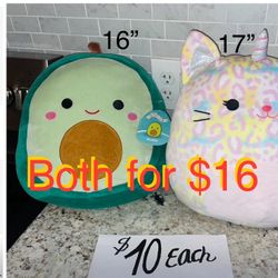 $10 Each or Both $16 Brand New 16”& 17” Squishmallow Austin Avocado 🥑 and Soraya unicorn 🦄Cheetah