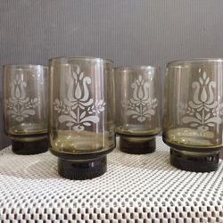 Set of 4 Vintage Pfaltzgraff Village Brown Smoke Etched Tumbler Glasses 