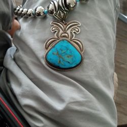 Navajo Turquoise Pendant With Beeded Chain