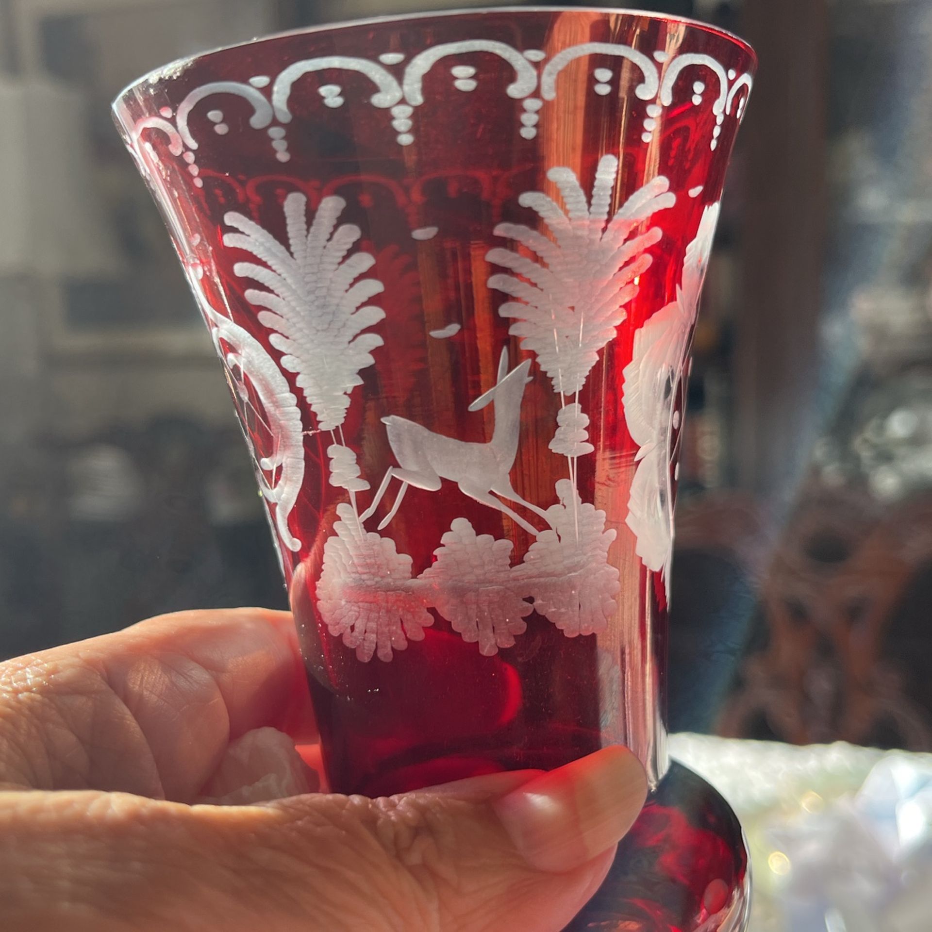 Antique Czechoslovakian cranberry etched crystal vase