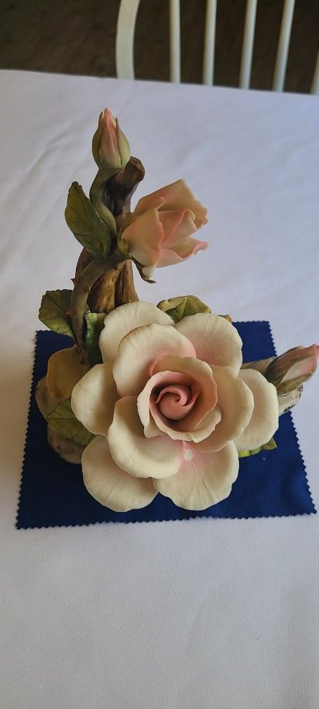 Vintage Capodimonte Rose On Leaves 8inches Tall