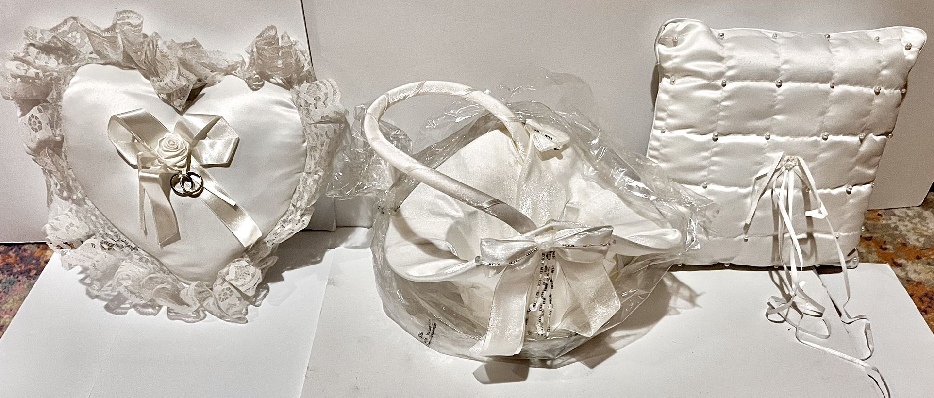 Flower Girl Basket & Heart And Square Ring Bearer Pillows