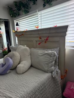 Distressed White Queen Bed Frame and Matching Nightstand